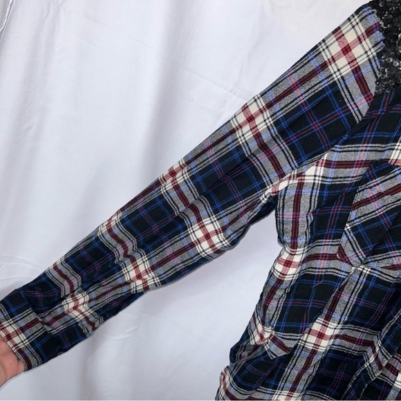 Express Shirt Western Boyfriend Flannel Plaid Sequin Button Down Long Sleeve Top - Picture 14 of 14